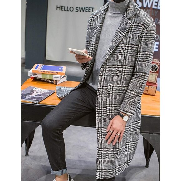 Mens Gray Winter Notched Collar Single Breasted Plaid Mid Long Trench Coat - Picture 2 of 8